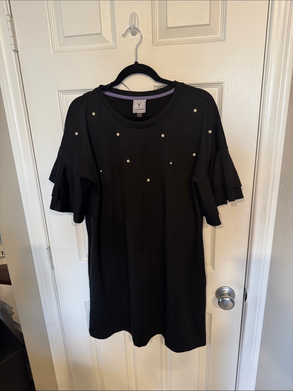 Black Pearl-Accent Ruffle Sleeve Dress